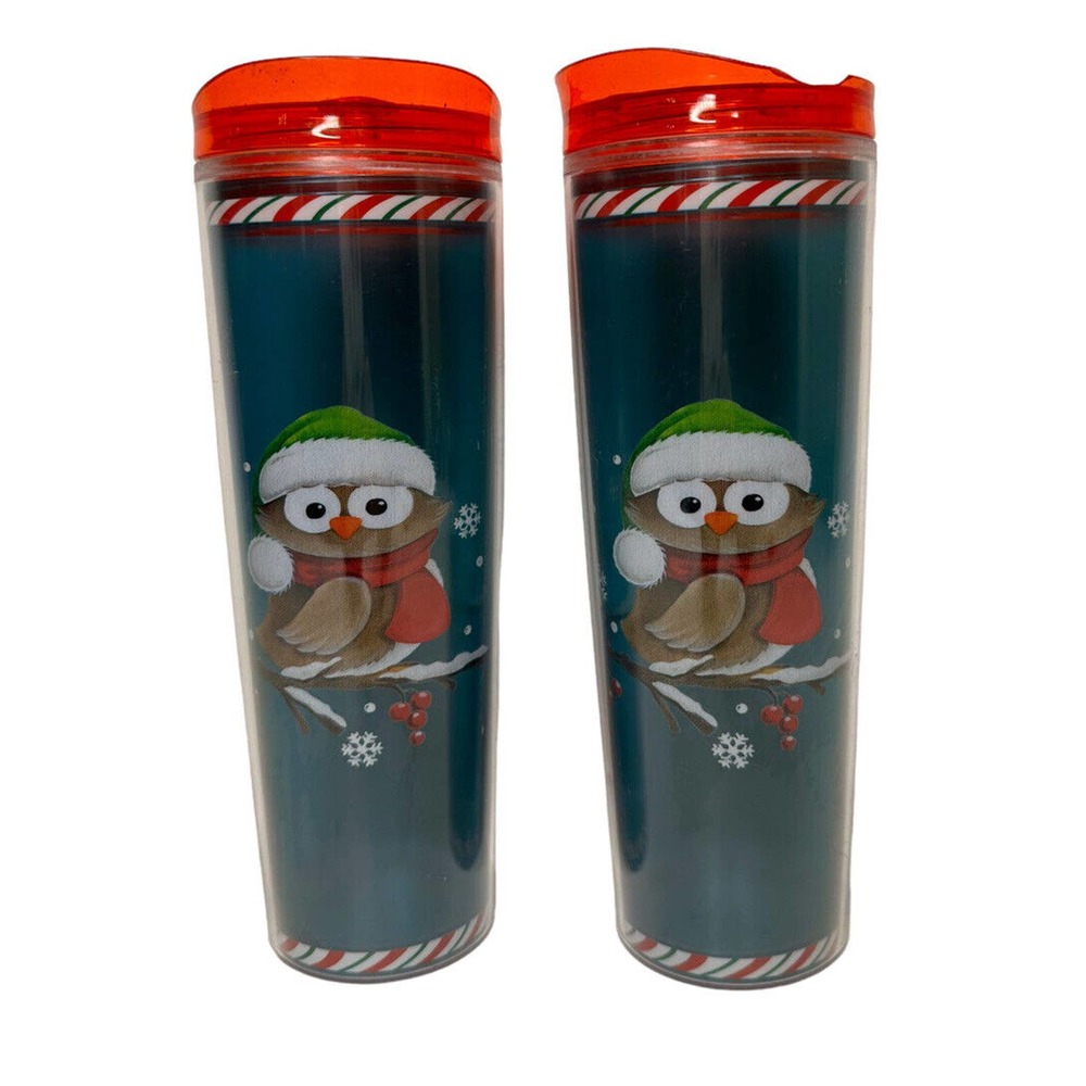 NEW Holiday Time 18oz Double Wall Owl Travel Tumbler Thermos Christmas Mug Set 2
